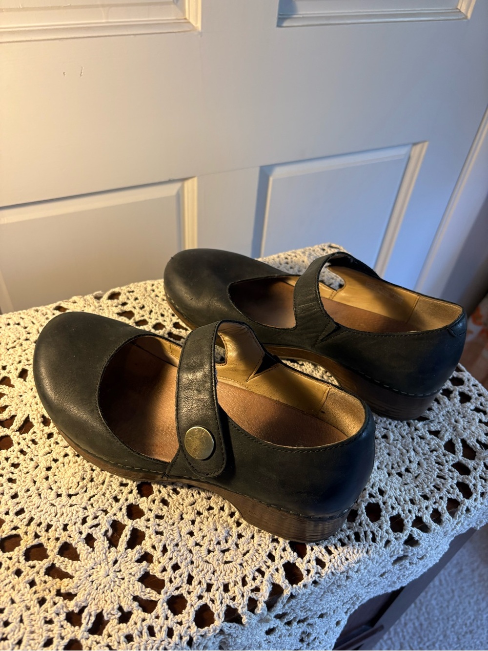 Dansko Black Leather Mary Jane Clogs with Strap